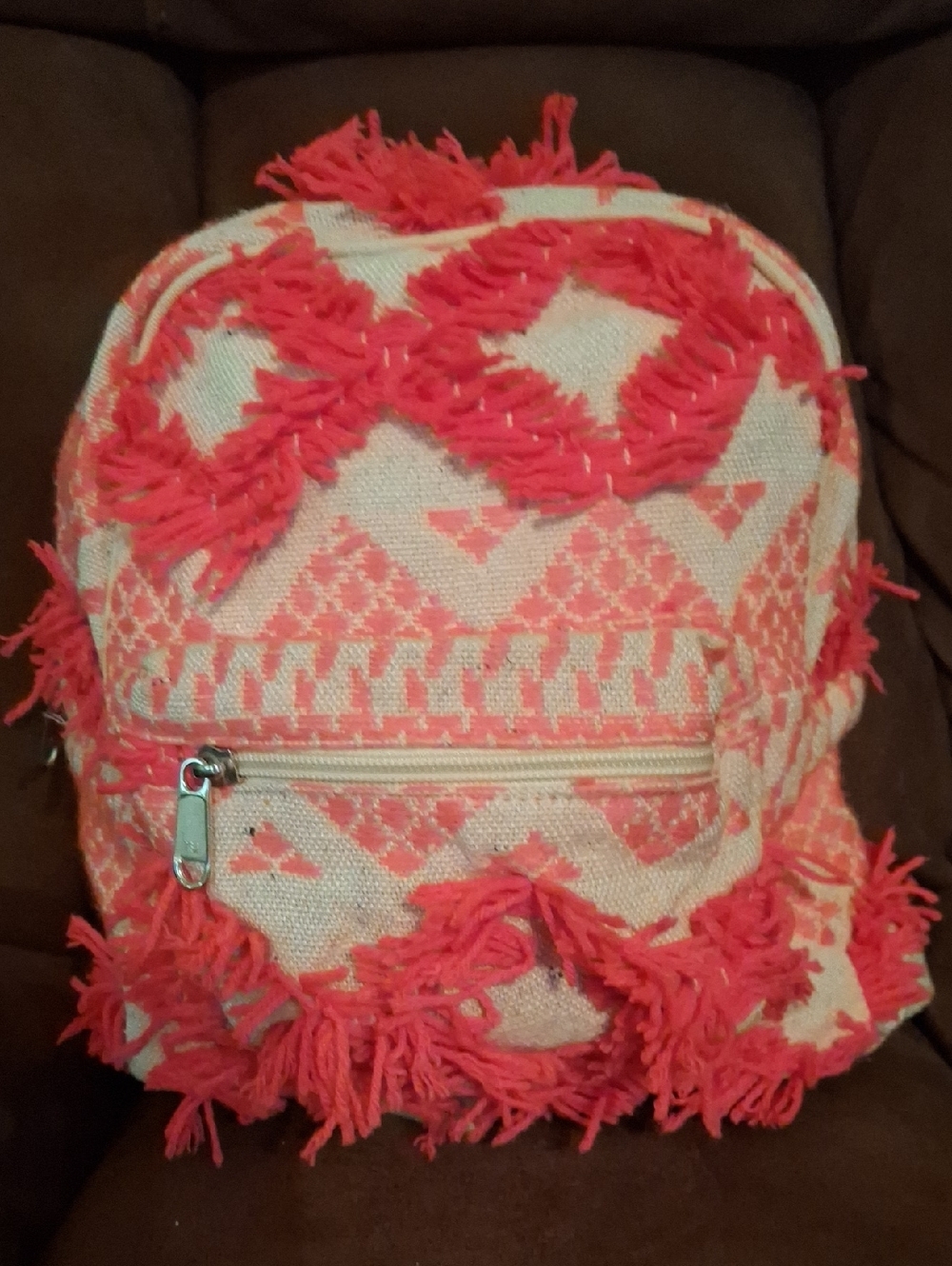 Fringed Boho Backpack in Coral and Cream
